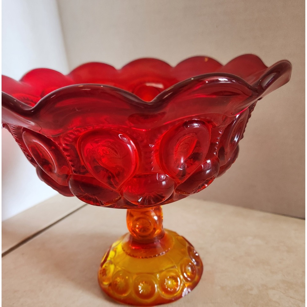 Vintage LE Smith Moon and Star Amberina Glass Pedestal Bowl Compote Red Orange - Picture 3 of 9